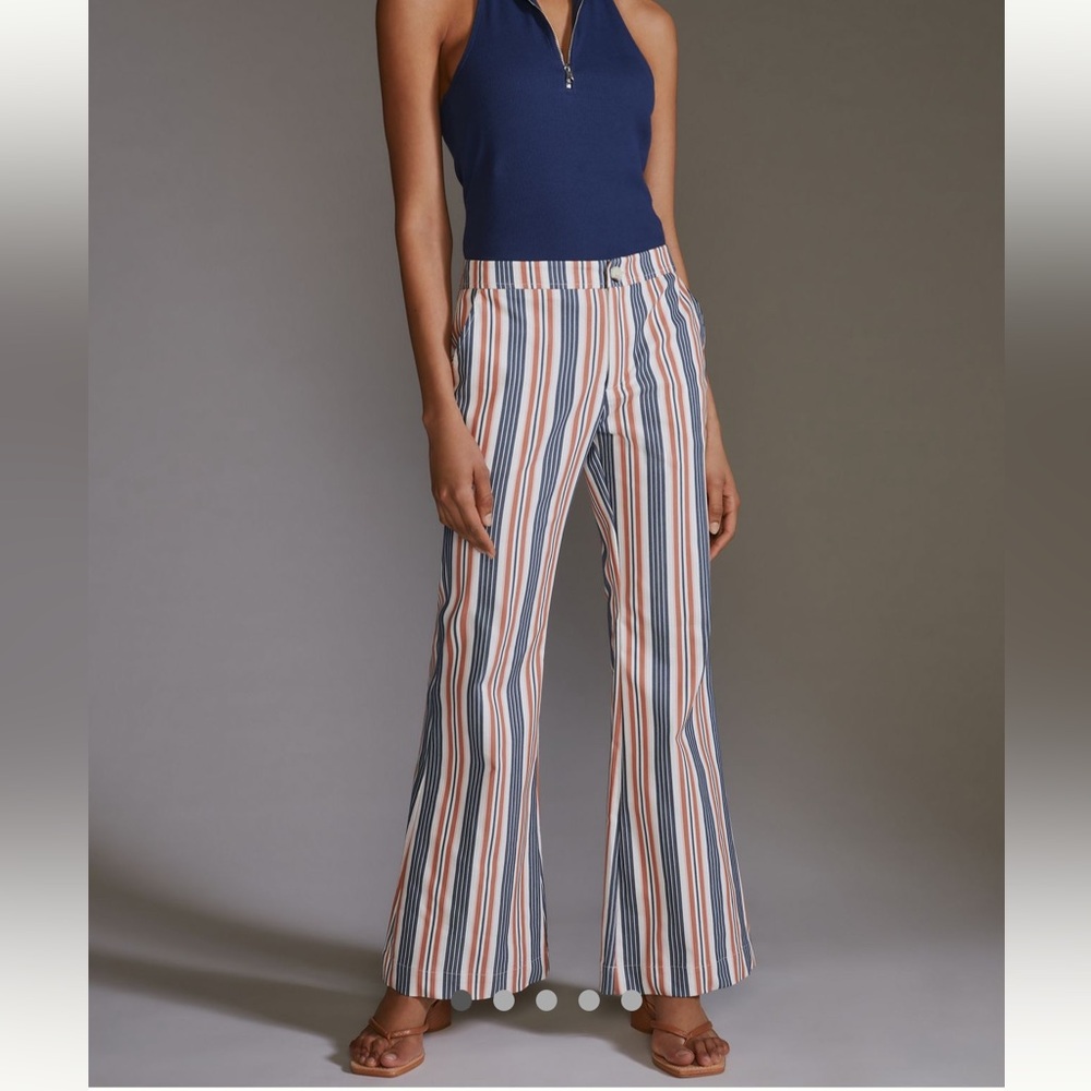 Anthropologie Women's Low Rise Striped Flare Pants Trousers Zip Pockets Size 8